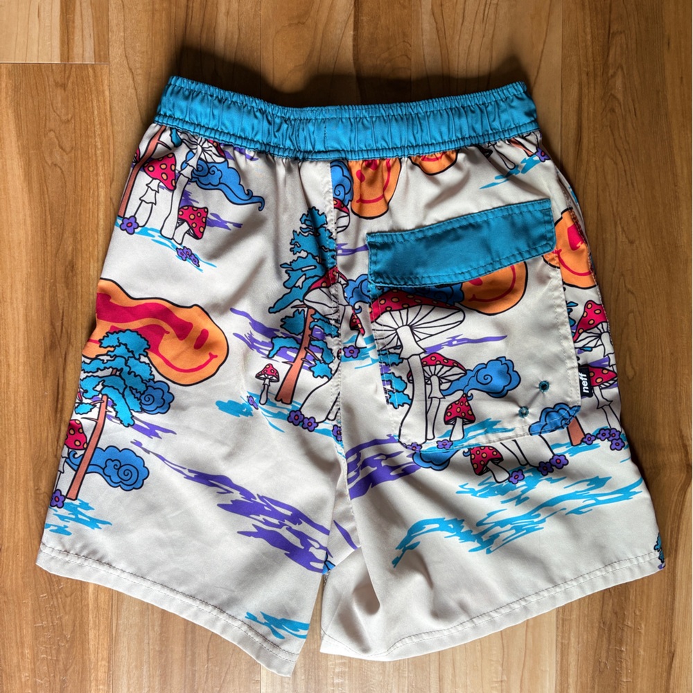Neff Graphic Swim Shorts Retro Mushrooms & Smiley Faces Medium